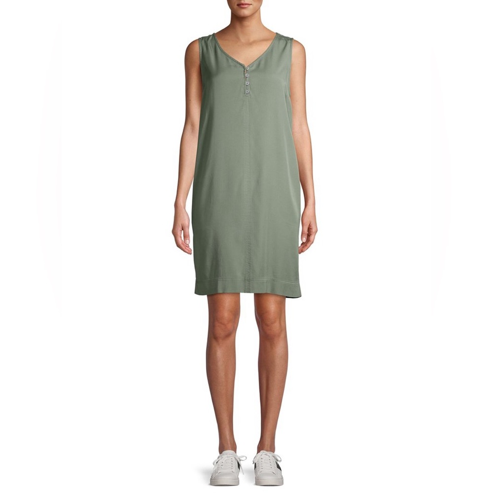 EV1 green sleeveless dress casual minimalist style with pockets